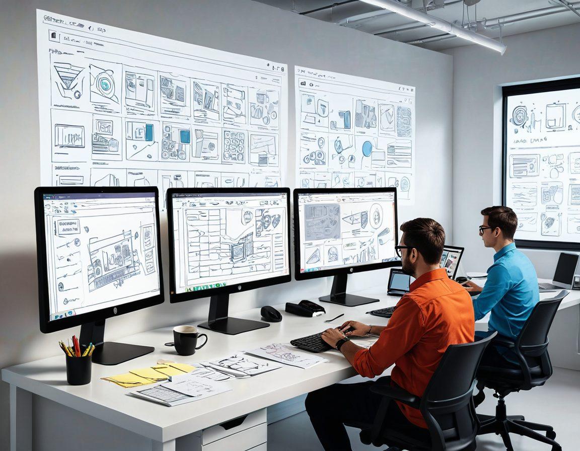 A modern digital workspace with designers brainstorming over sketches and wireframes, developers typing code on dual monitors, and a large screen displaying a vibrant website launch countdown. Mix of traditional tools like post-it notes and high-tech gadgets. vector art. vibrant colors. white background.