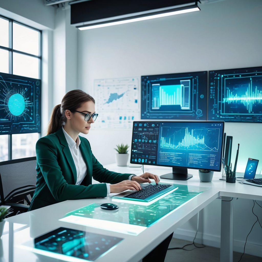 A tech-savvy professional at a sleek workstation, surrounded by holographic screens displaying intricate web designs and code, with bright digital graphs showcasing growth and success, all set against a futuristic office backdrop. Add splashes of blue and green for a tech vibe. super-realistic. vibrant colors. white background.