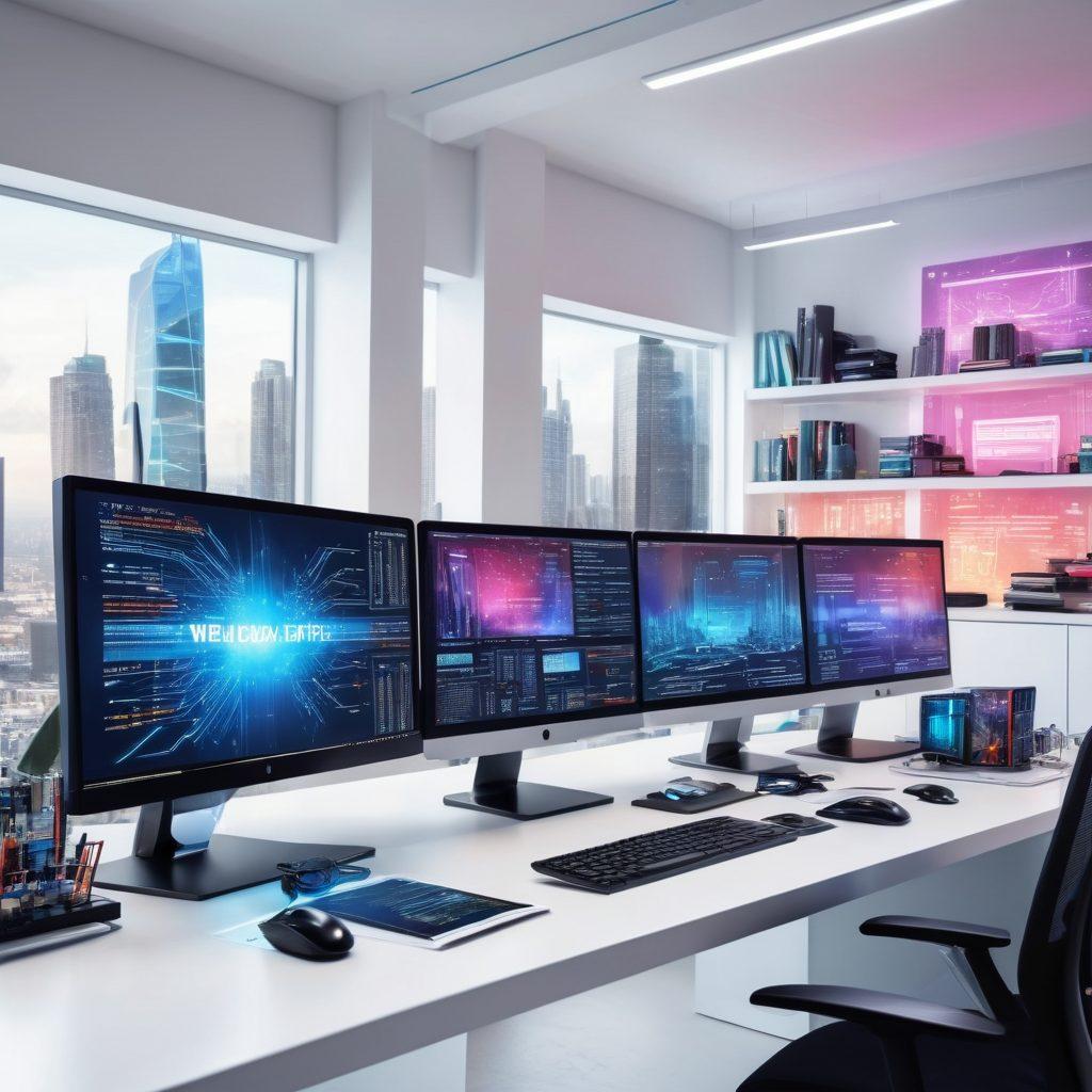 A futuristic workspace with multiple monitors displaying complex code snippets and dynamic web designs. A professional web developer is working intensely, surrounded by sleek gadgets, coding books, and innovative tools. The background features a modern office with large windows showing a cityscape. The atmosphere is vibrant, with creative energy flowing through digital sparks and holographic tech. super-realistic. vibrant colors. white background.